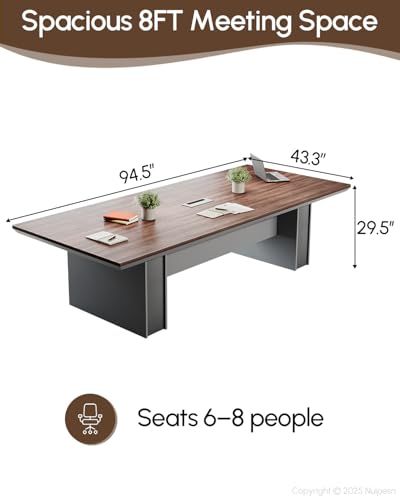 Nuipesn 95" Conference Table, Rectangular 44" Wide Boardroom Meeting Table for 8-10 People, 30" H, 1.65" Thick Top, Center Cable Management Grommet, Modern Office, Walnut & Gray Nuipesn