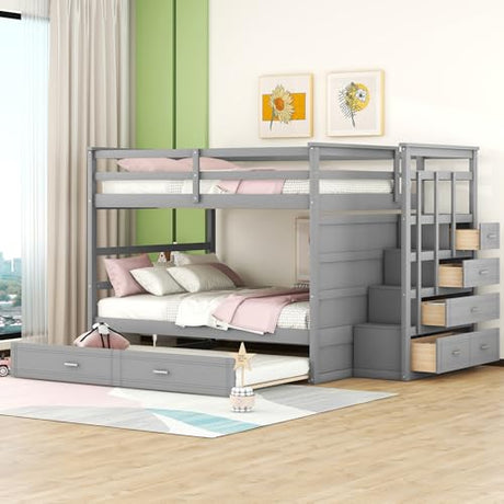 Full Over Full Bunk Bed with Trundle & Drawers & Storage Staircase,Wooden Full Triple Bunk Bed Frame with Full-Length Safety Guardrails and Headboard for Kids Teens Bedroom,Wood Slat Support,Gray Harper & Bright Designs