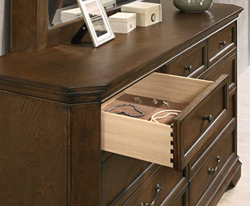 Roundhill Furniture Maderne Traditional Wood Panel Bed with Dresser, Mirror, Two Nightstands, King, Antique Walnut Roundhill Furniture