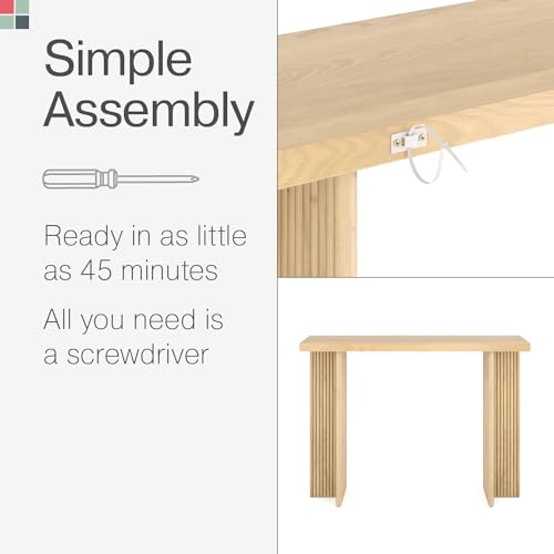 Stead Modern Console Table - Natural Oak, Fluted Solid Wood - Slim Entryway Table with Drawers & Curved Cross Base Stead