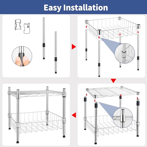 YSSOA Heavy Duty Shelving Unit, Wire Metal Stackable Storage, 2-Tier Shelf, with Basket, Chrome, 15" W x 13.8" D x 15" H - WoodArtSupply