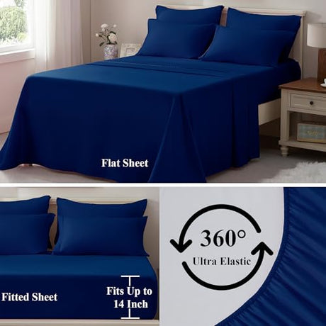 ELNIDO QUEEN® Queen Comforter Set Navy - 7 Pieces Bed in a Bag Queen Size, Bed Set All Seasons, Ultra Soft Dark Blue Bedding Sets with Comforter, Flat Sheet, Fitted Sheet, Pillowcases and Pillow Shams ELNIDO QUEEN