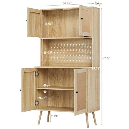 Svimi Rattan Kitchen Pantry Storage Cabinet with Power Outlets, LED Lights, Pegboard - 62.6" Tall Hutch Sideboard Buffet Cabinet, Organized Storage for Kitchen, Dining Room and Hallway Natura - WoodArtSupply