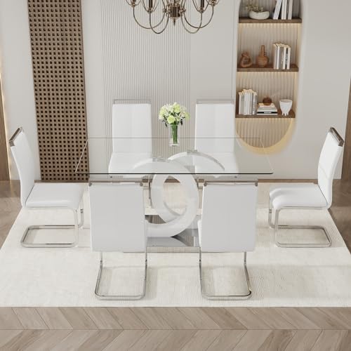 Ebullient Glass Dining Table Set for 6 ，7 Piece Dining Table Set,Tempered Glass Table Top，White Modern Dining Room Table with 6 PU Leather Ergonomic Dining Chairs Ebullient
