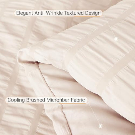 MUXHOMO 7 Pieces Full Comforter Set, Seersucker Bed in a Bag Full Size, All Season Luxury Bedding Set with Comforter, Flat Sheet, Fitted Sheet, Pillowcases & Shams, Beige MUXHOMO