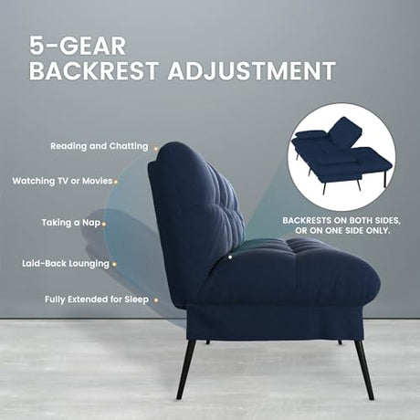 COMHOMA Convertible Futon Sofa Bed, 72″Fabric Futons Couch with Adjustable Backrest, Folding Sleeper Recliner for Living Room Furniture (Blue) COMHOMA