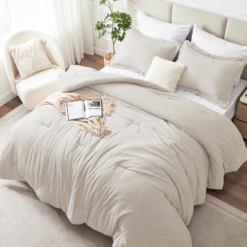 CozyLux King Size Comforter Set - 3 Pieces Beige Soft Luxury Cationic Dyeing Bedding Comforter for All Season, Breathable Lightweight Fluffy Boho Bed Sets with 1 Comforter and 2 Pillow Shams CozyLux