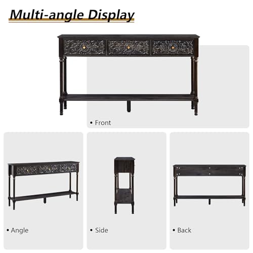 weselon 55.5" Carved Console Table with 3 Drawers, 2-Tier Sofa Table with Glossy Floral Surface and Solid Wood Legs, Mid-Century Modern Entryway Table for Living Room Hallway (Antique Black-Brown) weselon