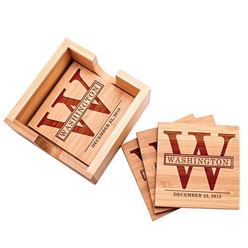 Personalized Coasters, Set of 4 w/Holder - Custom Bamboo Coaster for Drinks - 14 Designs - 4" x 4" - Wedding Gifts for The Couples, Bridal Shower Gifts, Coaster Set with Holder Be Burgundy