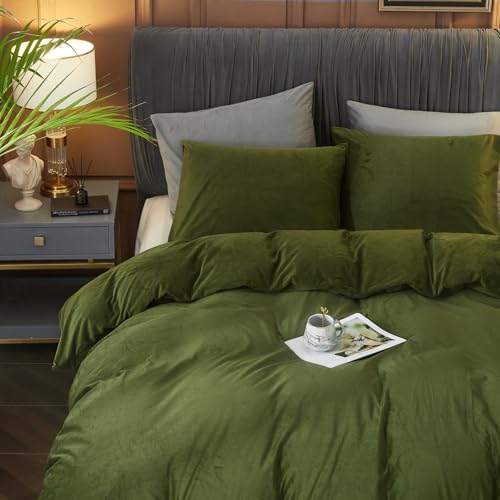 Ivellow Velvet Flannel Duvet Cover King Size Olive Green Comforter Cover Ultra Soft Breathable Cozy Velour Duvet Cover Solid Luxury Bedding Set Zipper Closure Corner Ties Ivellow