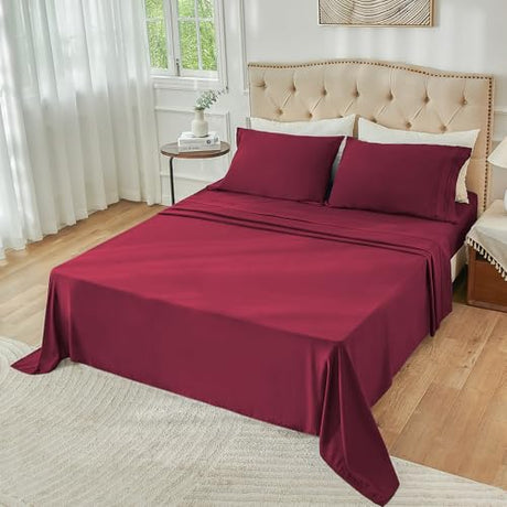 Yibeizi Twin Sheets Set, Red Cooling Hypoallergenic Microfiber Single Bed Sheets, Soft Oeko-Tex Extra Deep Pocket Sheets & Pillowcases Wrinkle Free Bedsheets Yibeizi