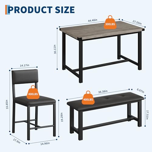 Garvee Wooden Dining Table Set for 4, Kitchen Table and 2 Upholstered Chairs with Bench, Rectangular Dining Room Set, for Small Space, Apartment, Home, Easy Assembly, Retro Gray Garvee
