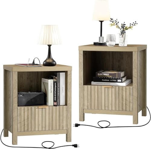 OAKHAM HOME Night Stand Set of 2, Fluted Nightstand with Charging Station Bed Side Table End Table with Drawer Storage Mid Century Wood Night Stands for Bedroom Living Room (Sunwashed Ash Oak) OAKHAM HOME