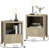 OAKHAM HOME Night Stand Set of 2, Fluted Nightstand with Charging Station Bed Side Table End Table with Drawer Storage Mid Century Wood Night Stands for Bedroom Living Room (Sunwashed Ash Oak) OAKHAM HOME