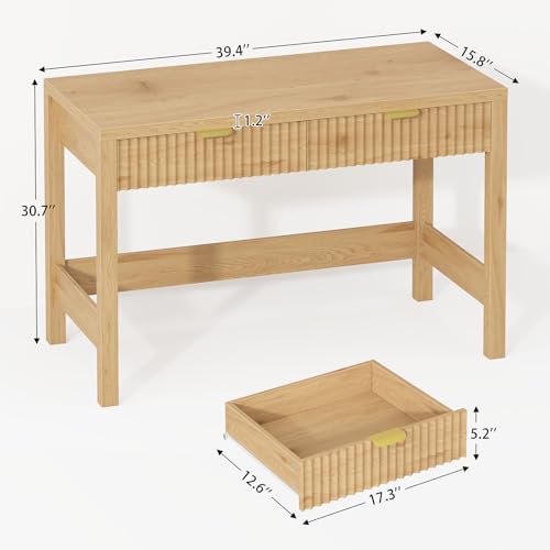 YOMILUVE Fluted Computer Desk with 2 Drawers, 39 Inch Small Computer Desk with Storage, Compact Writing Study Desk for Small Spaces YOMILUVE