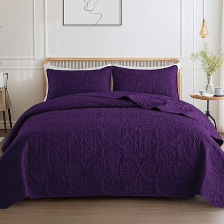 Whale Flotilla Soft Queen Quilt Bedding Set for All Seasons, Vintage Damask Ultrasonic Full Size Quilts Set, Lightweight Reversible Bedspread, Coverlet, Bed Cover with 2 Pillow Shams, Purple Whale Flotilla
