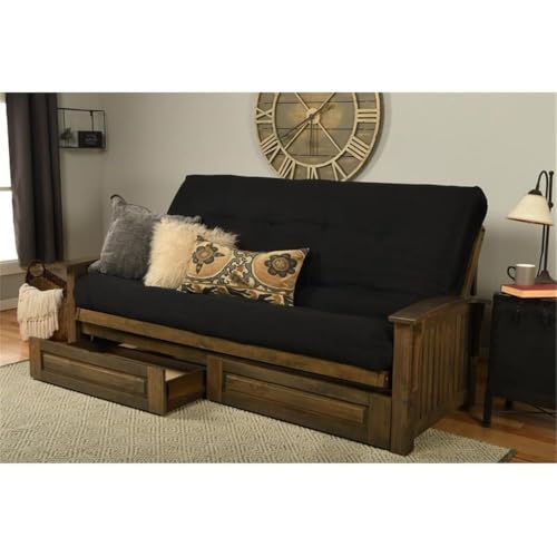 Kodiak Furniture Washington Queen Size Futon Frame with Storage Drawers - Wood Futon Frame with Mattress Included in Suede Black Color