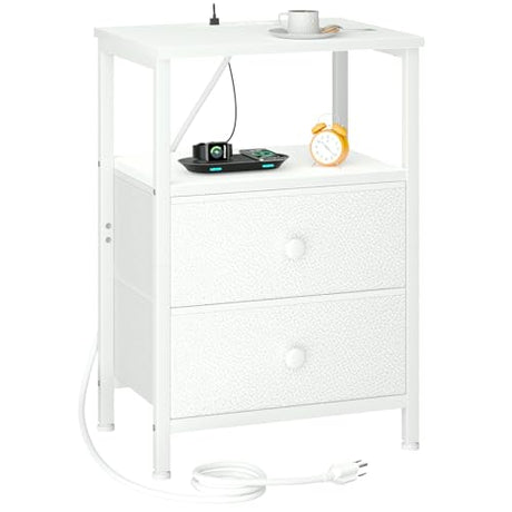 LOAKEKEL White Nightstand with Charging Station, End Table with 2 Fabric Drawers, Night Stand for Bedroom, Small Bed Side Table with USB Ports and Outlets for Living Room, HETS020WT-1 LOAKEKEL
