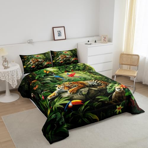 3D Tiger Comforter Set Queen Size,Monkey Parrot Wild Animals Bedding Set,Tropical Palm Tree Jungle Quilt Set for Kids Boys Girls Adult Bedroom Decor,Nature Wildlife Theme Duvet Insert,2 Pillowcases Castle Fairy