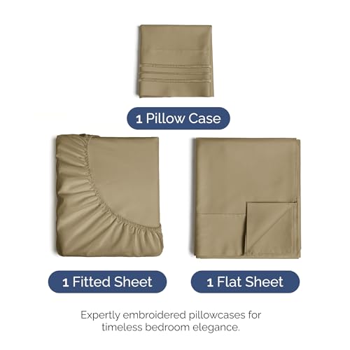 Twin Size 3 Piece Sheet Set - Comfy Breathable & Cooling Bed Sheets Set - Hotel Luxury Bedding for Women, Men, Kids, Teens, Boys & Girls - Deep Pockets, Ultra-Soft and Wrinkle Free - Oeko-Tex - Khaki CGK Unlimited