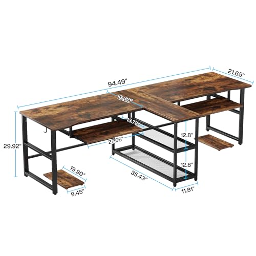 Tribesigns 94.5 inch Two Person Desk with Keyboard Tray, Extra Long Home Office Desk with Storage Shelves and Hooks, Double Computer Desk Workstation Study Table for Two People - WoodArtSupply