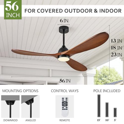 Eliora 54 inch Outdoor Ceiling Fan, Outdoor Ceiling Fans for Patios with Light and Remote Control, 3 Solid Wood Blades, Quiet DC Motor, Outdoor Ceiling Fans for Patios, Porch, Dark Walnut