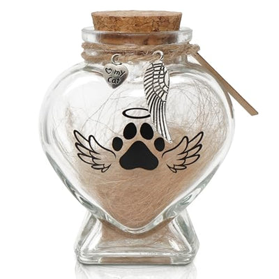 HAMUIERS Pet Memorial Gift for Loss of Cat, Heart Shape Glass Jar & Bottle for Fur, Hair, Whiskers or Ashes Keepsake Urn with Cork Top, Charms for Cute Rainbow Bridge Memorial