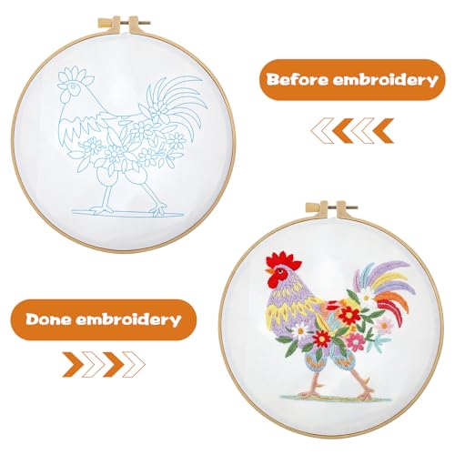 Shimmeroo Funny Animal Embroidery Kits for Beginners, Hand Embroidery Kit for Adults, Rooster Flower Pattern Cross Stitch DIY Needlepoint Kit with Hoops & Fabric