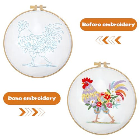 Shimmeroo Funny Animal Embroidery Kits for Beginners, Hand Embroidery Kit for Adults, Rooster Flower Pattern Cross Stitch DIY Needlepoint Kit with Hoops & Fabric Shimmeroo