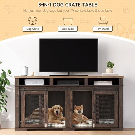 71'' Large Dog Crate Furniture for 2 Dogs, XXL Double Door Indoor Wooden Kennel with Removable Divider & Sliding Barn Door, 3-Drawer TV Stand End Table for Medium & Large Dogs ﻿ PeacefulHues