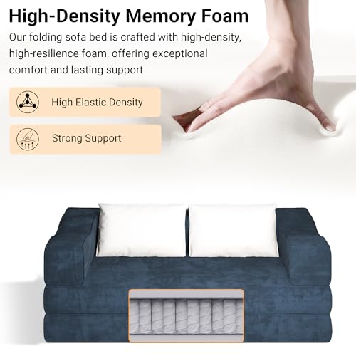 MAKIAAP 80" Foldable Chenille Futon Sofa Bed, 4-in-1 Convertible Couch with 2 Pillows, King-Size Floor Lounger for Living Room, Guest Room, Dorm - No Assembly (Blue, 80in) MAKIAAP