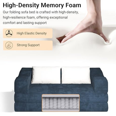 MAKIAAP 80" Foldable Chenille Futon Sofa Bed, 4-in-1 Convertible Couch with 2 Pillows, King-Size Floor Lounger for Living Room, Guest Room, Dorm - No Assembly (Blue, 80in) MAKIAAP