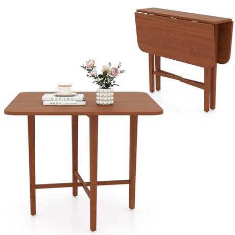 COSTWAY Square Drop Leaf Dining Table, 36" Compact Folding Kitchen Table for 2-4 People with Solid Rubber Wood Legs, Farmhouse Extendable Table for Dining Room, Small Space, Apartment, Walnut COSTWAY