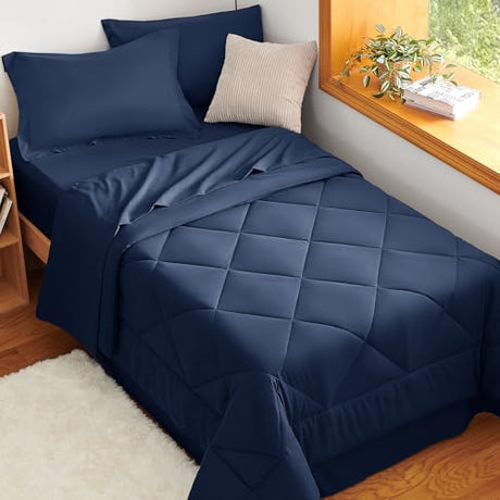 CozyLux Twin Comforter Set with Sheets Navy Blue - 5 Pieces Bed in a Bag Twin, All Season Bed Set for Girls and Boys, Bedding Set with Down Alternative Comforter, Sheets, Pillowcase & Sham CozyLux