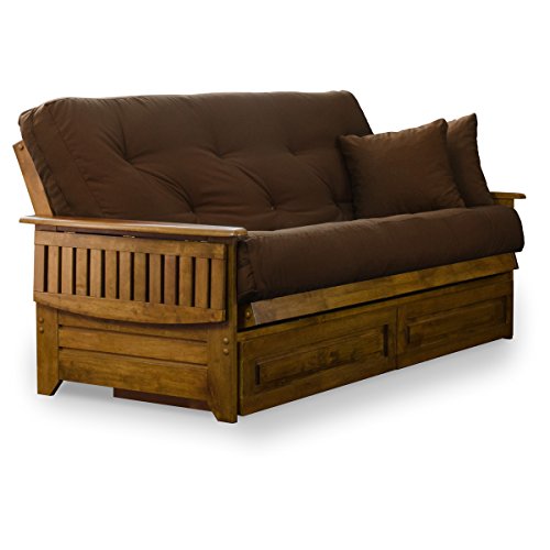 Nirvana Futons Brentwood Tray Arm Futon Frame, Drawers, and Microfiber Fudge Mattress Set - Full, Heritage Finish Nirvana Futons