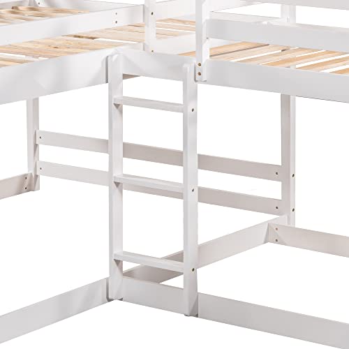 Quad Bunk Bed with Slide, Full and Twin Size L-Shaped Bunk Bed Frame Compatible with 4, Bunk Bed with Ladders Compatible with Teens Adults (White) Bedroom Bed Frame, WoodArtSupply