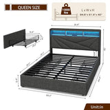 Driftalia Queen Bed Frame with 4 Storage Drawers, Upholstered Bed Frame Queen Size with LED Lights Headboard and Charging Station, No Box Spring Needed, Easy Assembly - Dark Grey Driftalia