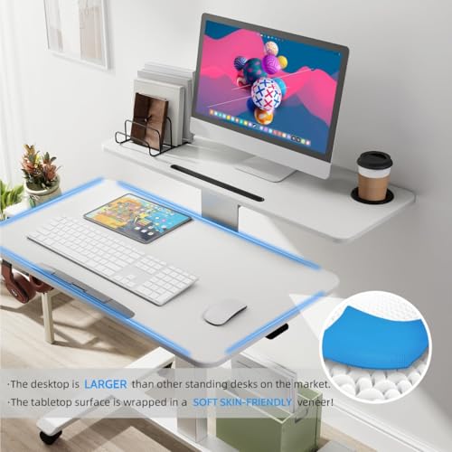 TecbL Pneumatic Standing Desk with Wheels - Adjustable Height 28" - 46" & 0-90° Tilt, 31.5" x 17.7" Skin-Feel Desktop, Rolling Computer Desk for Home Office, Hospital, School (White) TecbL