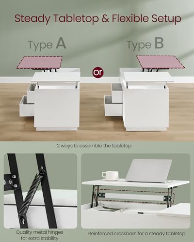 VASAGLE Coffee Table, Lift Top Coffee Table with 2 Drawers and Hidden Compartments, Center Table with Lift Tabletop, Open Compartments, for Living Room, Home Office, Snow White ULCT210W01 VASAGLE