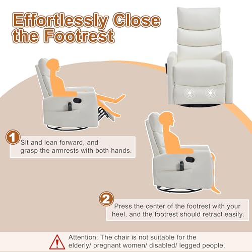 Manual Swivel Rocker Recliner Chair for Adults, Overstuffed Glider Recliner for Nursing with Vibration Massage & Heat, Living Room Rocking Recliner 3-Stage backrest, Faux Leather White