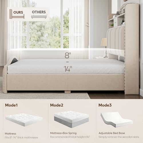CIKUNASI 51.5" Queen Size Bed Frame with Tall Headboard and Storage | Velvet Upholstered Bed Frame with LED Lights & Charging Station | No Box Spring Needed Tall Footboard White CIKUNASI