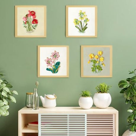 LOMOHOO 4 Sets Ribbon Flower Embroidery Kit for Beginners, Needlepoint Stamped Cross Stitch Starter Kits, Stitch Learning DIY Kit with Floral Pattern, Thread, Hoops, Colorful Ribbons Flower LOMOHOO
