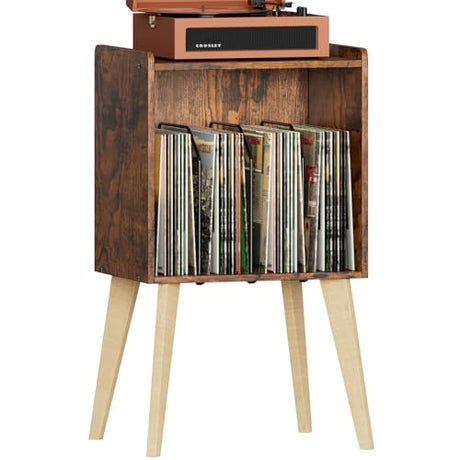 Gannyfer Record Player Stand – Minimalist Vinyl Record Storage Holds Up to 160 Albums, Mid-Century Record Holder Display Shelf with Wood Legs, Turntable Cabinet for Living Room, Bedroom (Brown) Gannyfer
