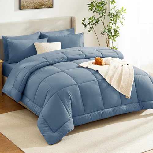 CozyLux Twin Comforter Set with Sheets Dusty Blue, 5 Pieces Bed in a Bag, Grayish Blue Comforter Twin Size, All Season Bedding Set with Stitch Quilted Comforter, Flat Sheet, Fitted Sheet, Pillowcases CozyLux