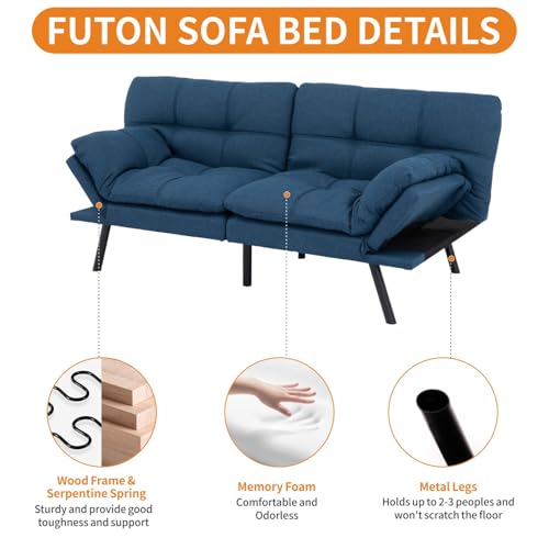 MUUEGM 71-Inch Convertible Futon Sofa Bed with Adjustable Backrest & Removable Armrests, Foldable Sleeper Loveseat for Small Space Living Room, Studio Apartment, Home Office，Blue MUUEGM