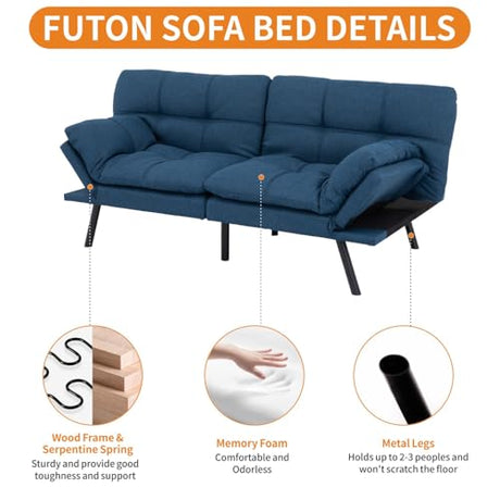 MUUEGM 71-Inch Convertible Futon Sofa Bed with Adjustable Backrest & Removable Armrests, Foldable Sleeper Loveseat for Small Space Living Room, Studio Apartment, Home Office，Blue MUUEGM