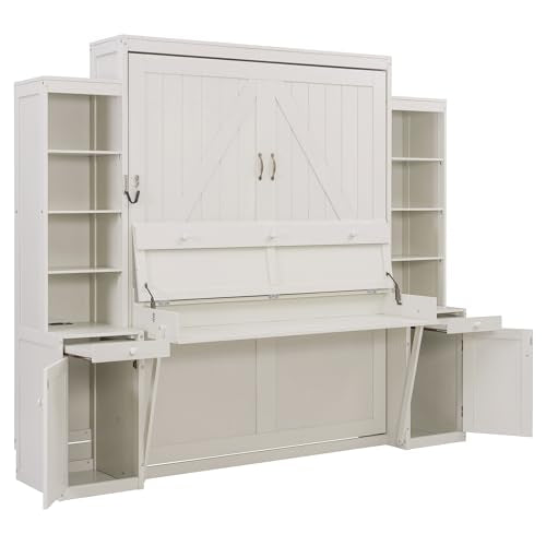 Harper & Bright Designs Queen Size Murphy Bed with Desk and Storage Cabinets, Wooden Hidden Folding Farmhouse Murphy Wall Bed Frame with Drawers for Adults, White Harper & Bright Designs
