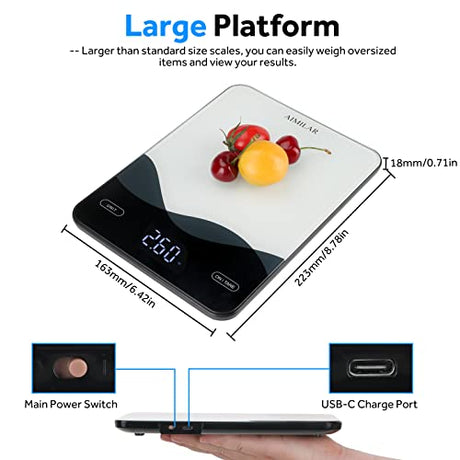 AIMILAR Digital Kitchen Scale 22lb/10kg USB-C Rechargeable, Tempered Glass Top Easy Clean, LED Touch Screen No Buttons, Auto Shut Off AIMILAR