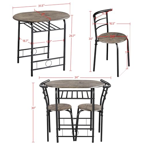 Yaheetech 3 Piece Dining Table Set, Kitchen Table & Chair Sets for 2, Compact Bistro Table Set with Steel Legs, Built-in Wine Rack for Small Space, Apartment, Breakfast Nook, Drift Brown Yaheetech