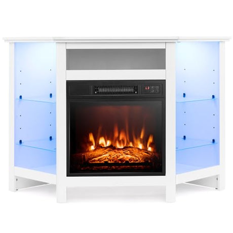 Tangkula Fireplace Corner TV Stand with LED Lights & Smart APP Control for 50 Inches TV, Entertainment Center with Adjustable Glass Shelves, 18” Electric Fireplace, Remote Control, Thermostat Tangkula